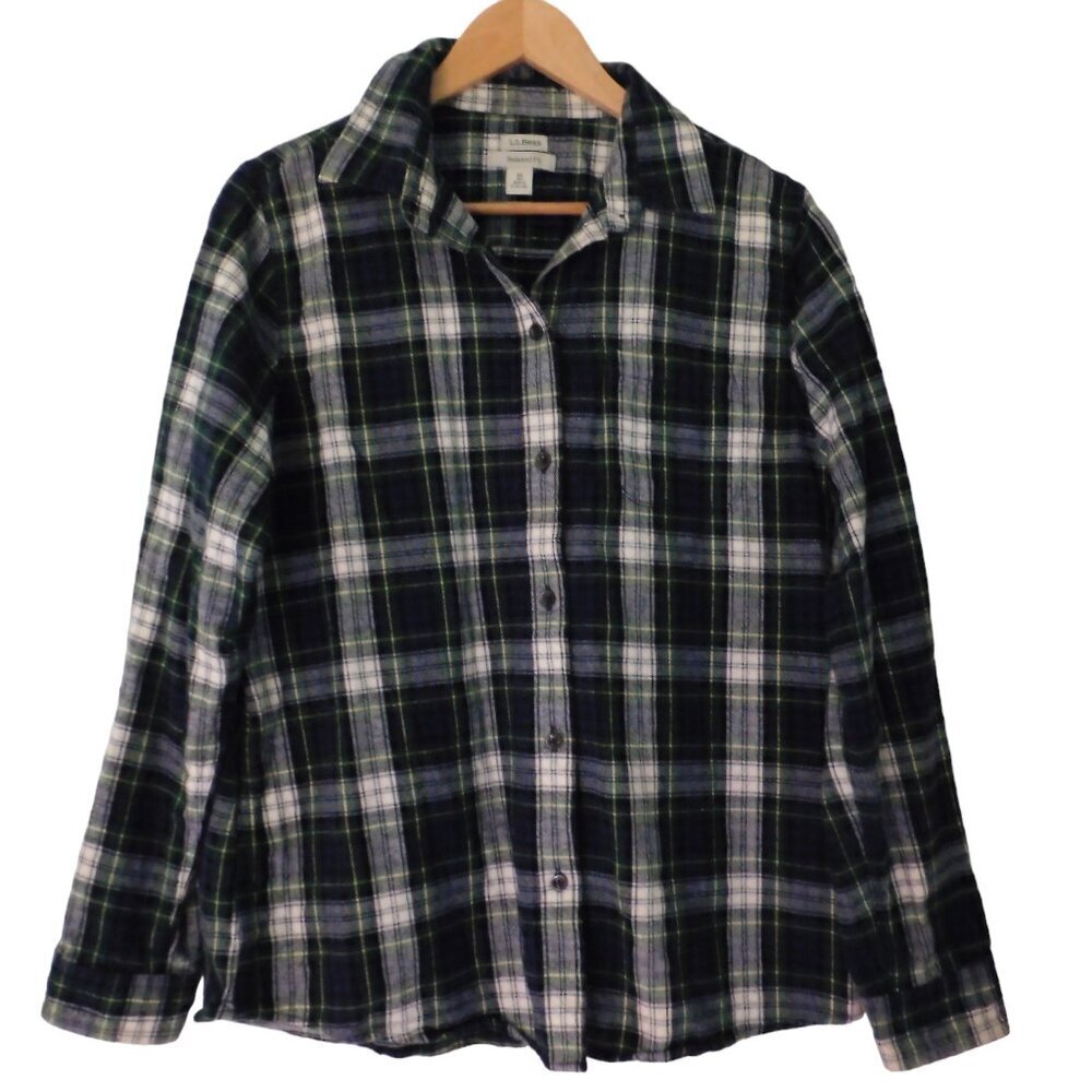 L.L. Bean Plaid Button Down Shirt - Green and White